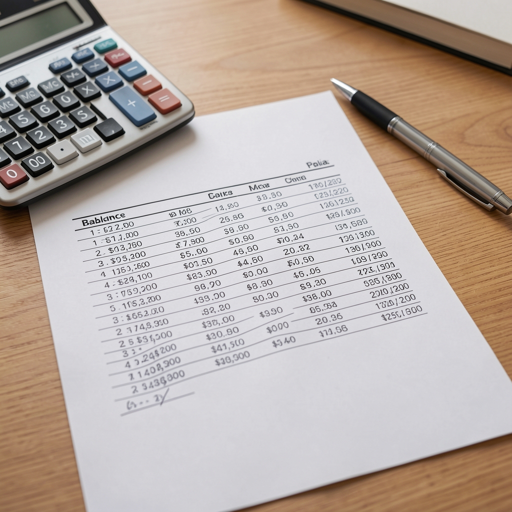 Hojas impresas de un balance contable con columnas de números junto a una calculadora y un bolígrafo sobre un escritorio