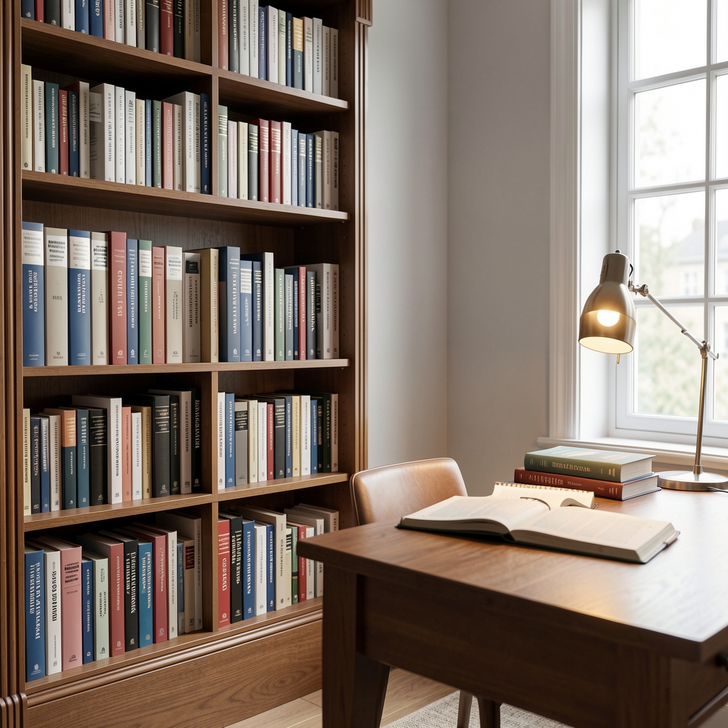 Estantería de biblioteca con libros de contabilidad y finanzas ordenados junto a una mesa de lectura con lámpara