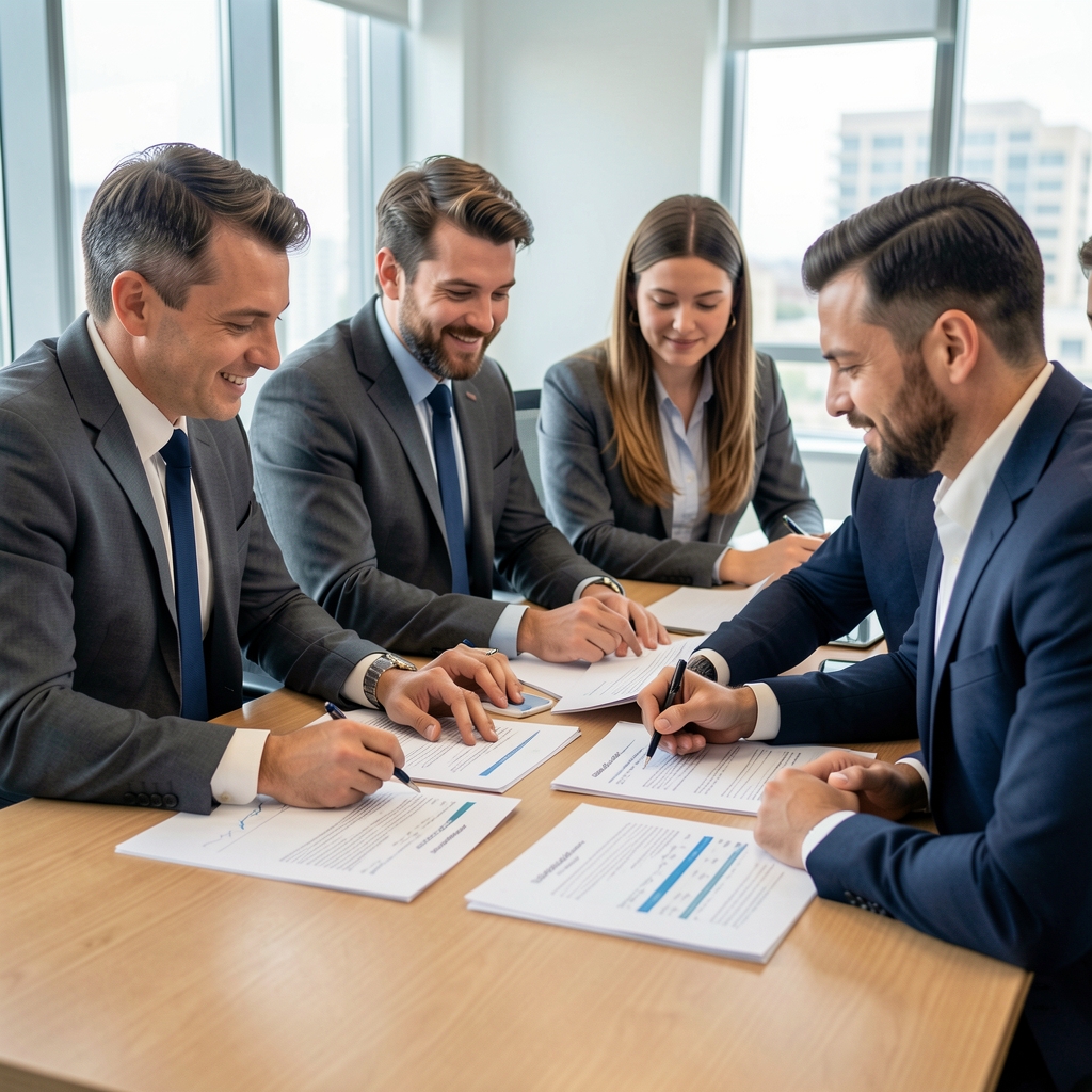 Equipo de analistas contables revisando informes financieros impresos sobre una mesa de reuniones
