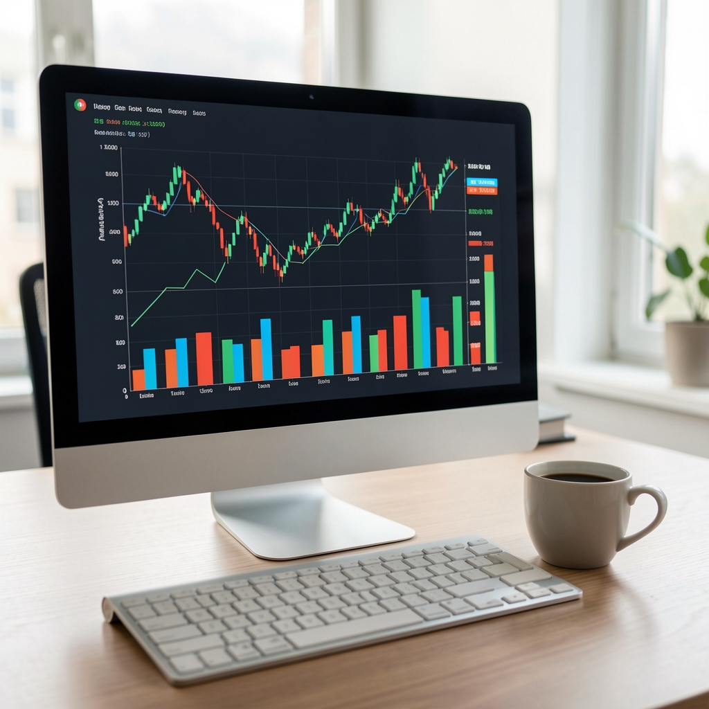 Pantalla de computadora mostrando gráficos de líneas y barras de indicadores financieros junto a una taza de café sobre un escritorio