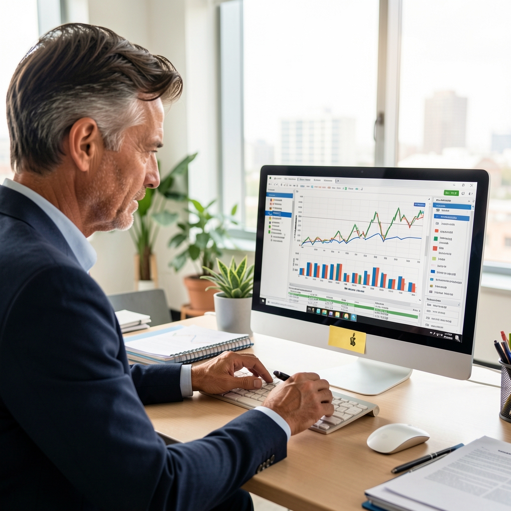 Contador analizando planillas de cálculo y gráficos financieros en una computadora de escritorio en una oficina luminosa