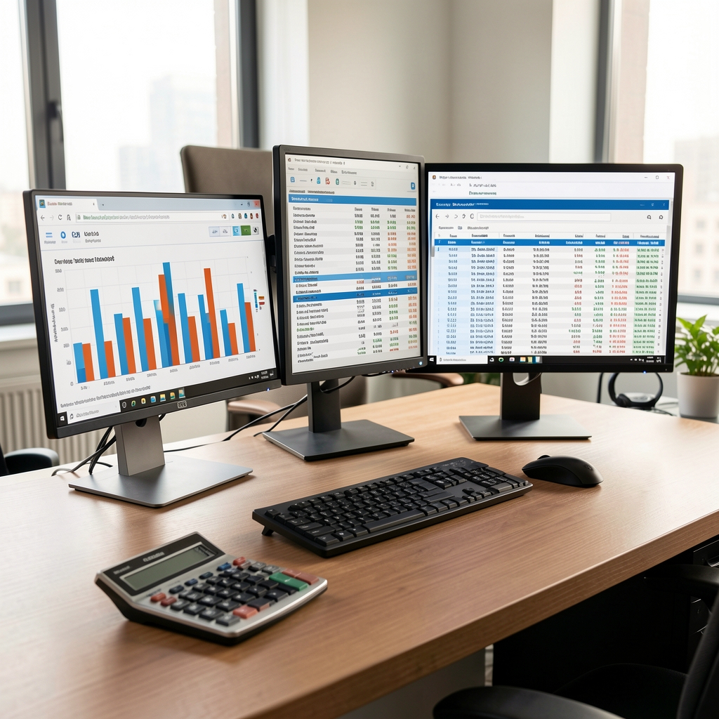 Escritorio de oficina con múltiples monitores mostrando gráficos de barras y tablas financieras junto a una calculadora
