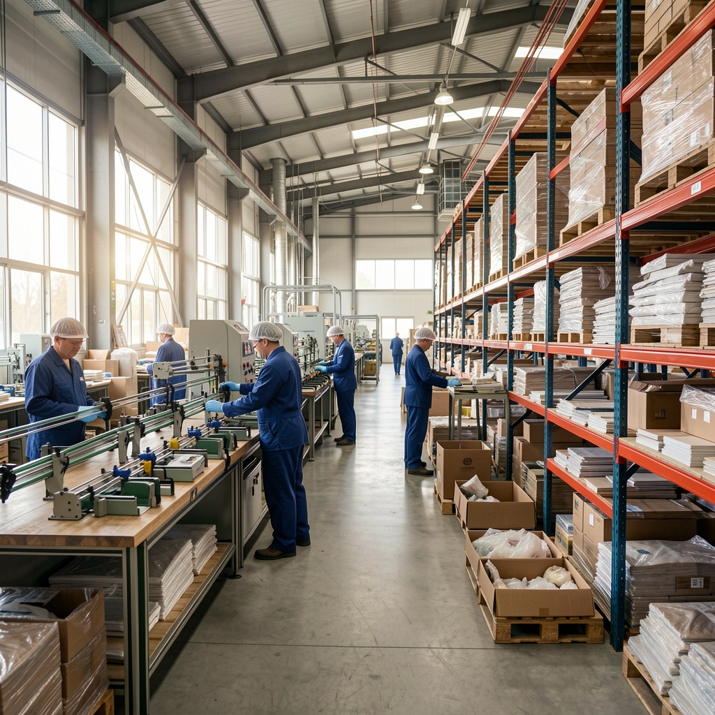 Interior de una planta de producción industrial con trabajadores supervisando una línea de ensamblaje y estanterías de materiales