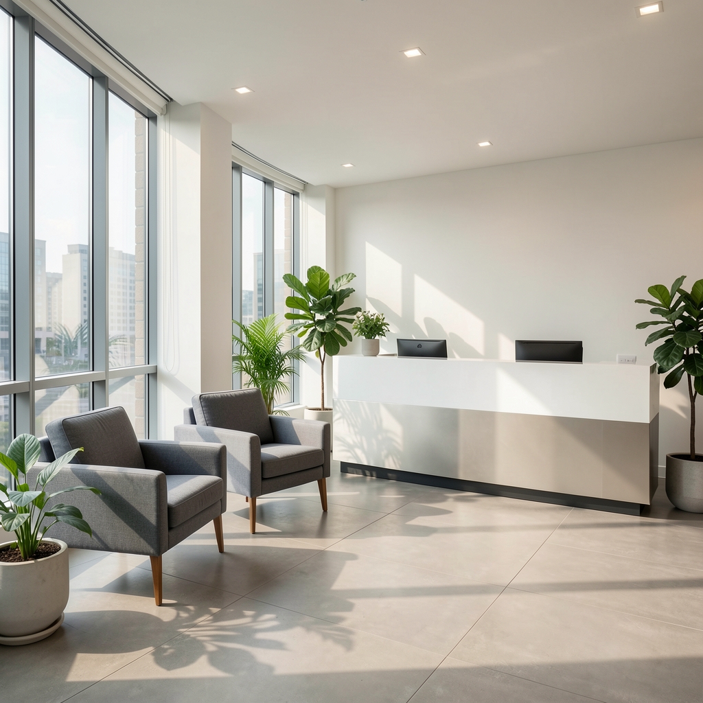 Recepción luminosa de una oficina moderna en Buenos Aires con sillones grises y plantas decorativas junto a un escritorio de recepción