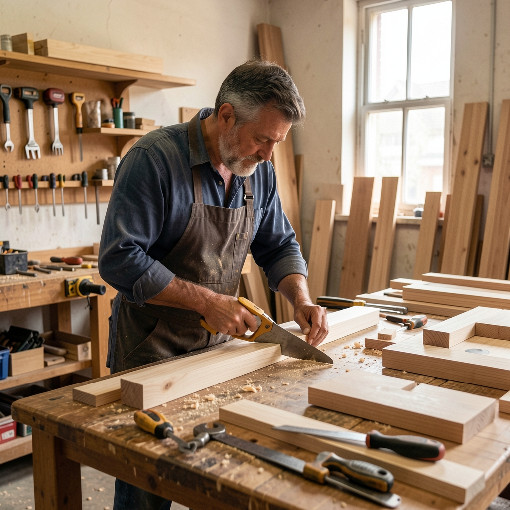 Carpintero trabajando en un taller de muebles rodeado de herramientas y piezas de madera en proceso de ensamblaje